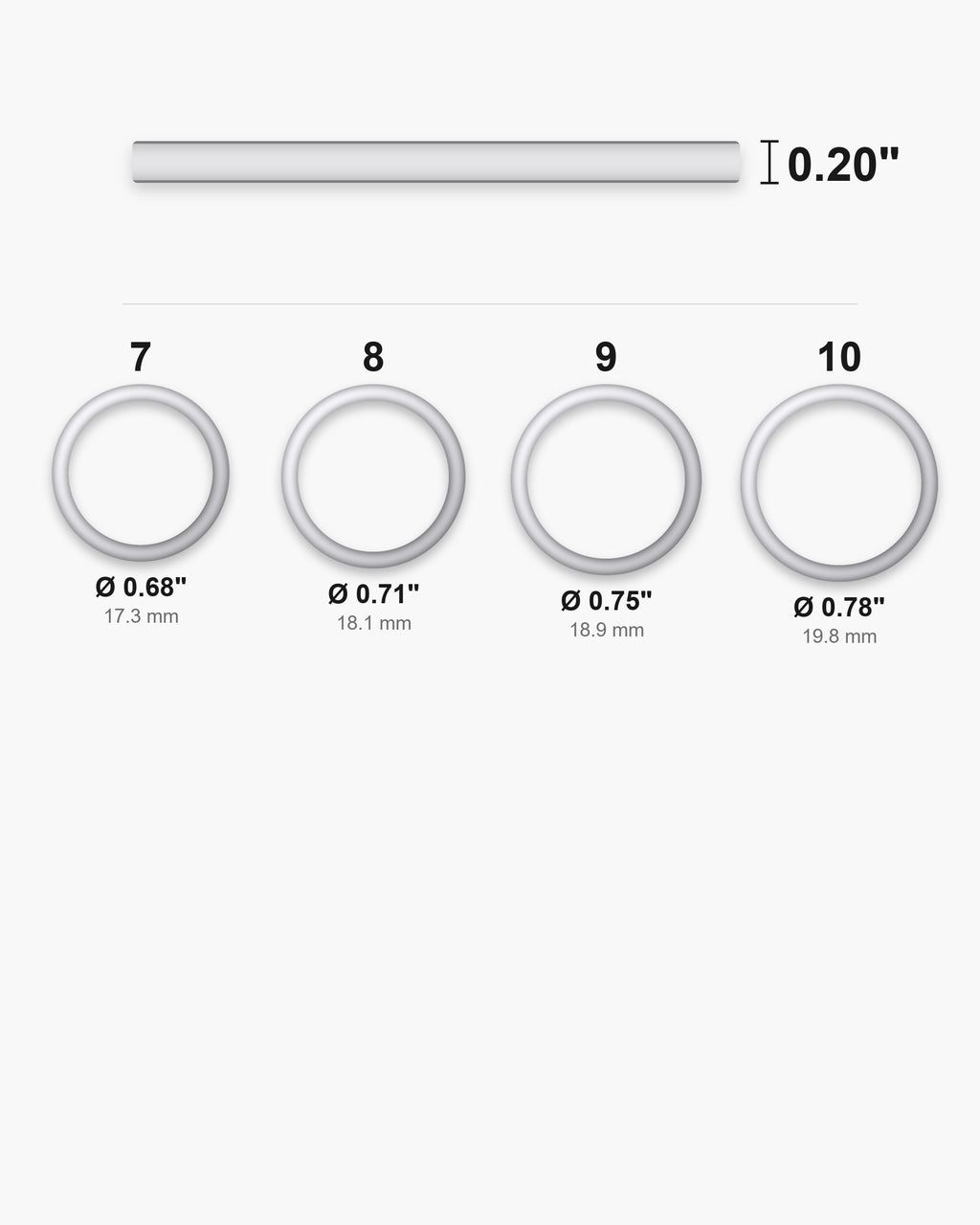 Atlas ring sizes US 7 to 10 with inner diameters and the 0.20 inch band width [u:in]