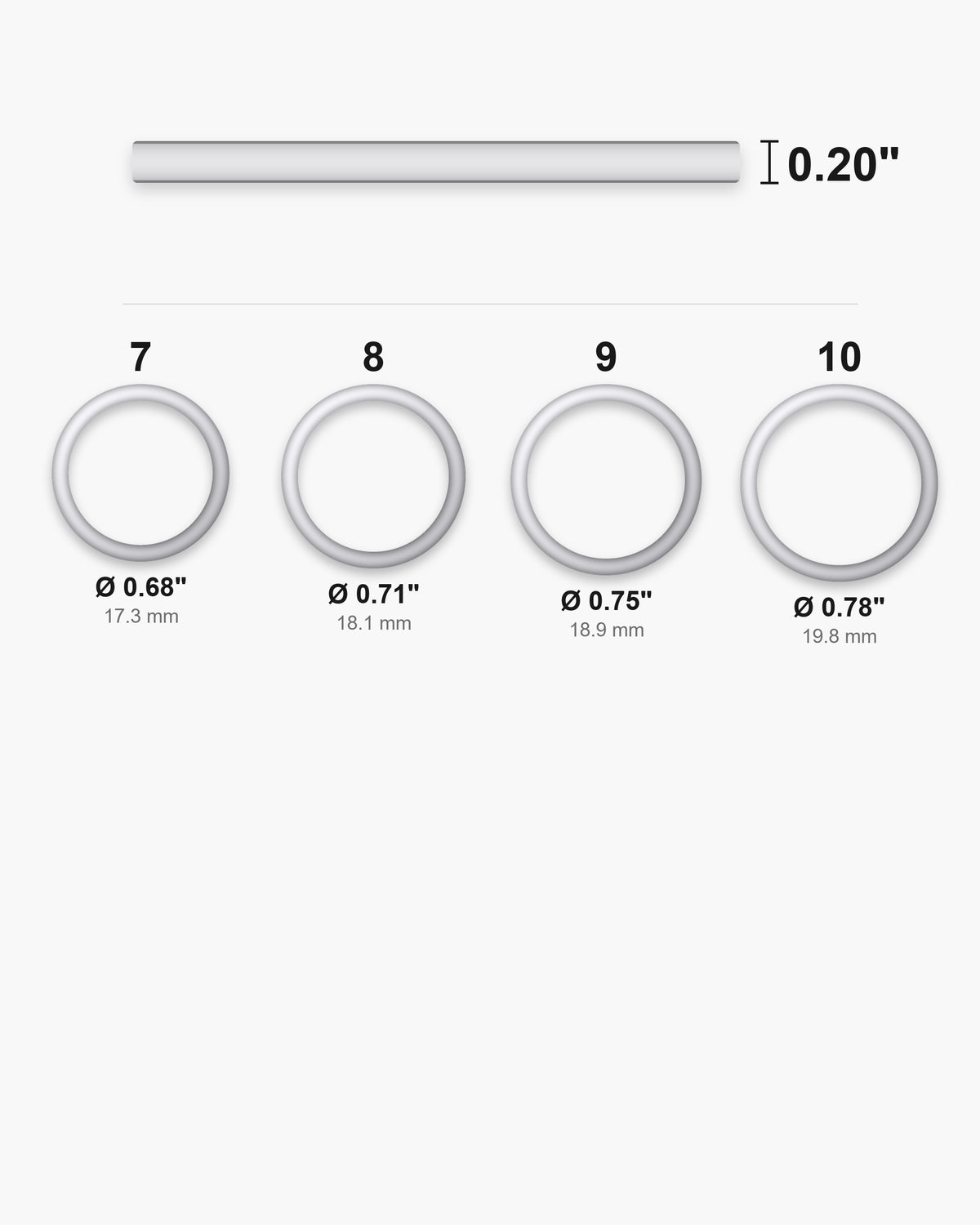 Atlas ring sizes US 7 to 10 with inner diameters and the 0.20 inch band width [u:in]