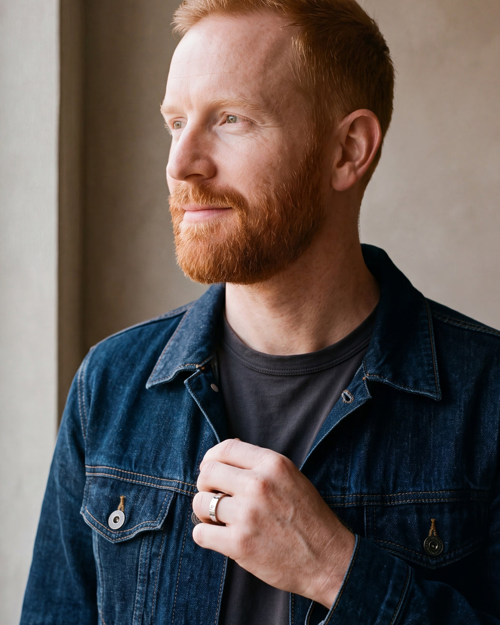 Man in a denim jacket looking toward the window, wearing the silver Atlas cubic zirconia band ring