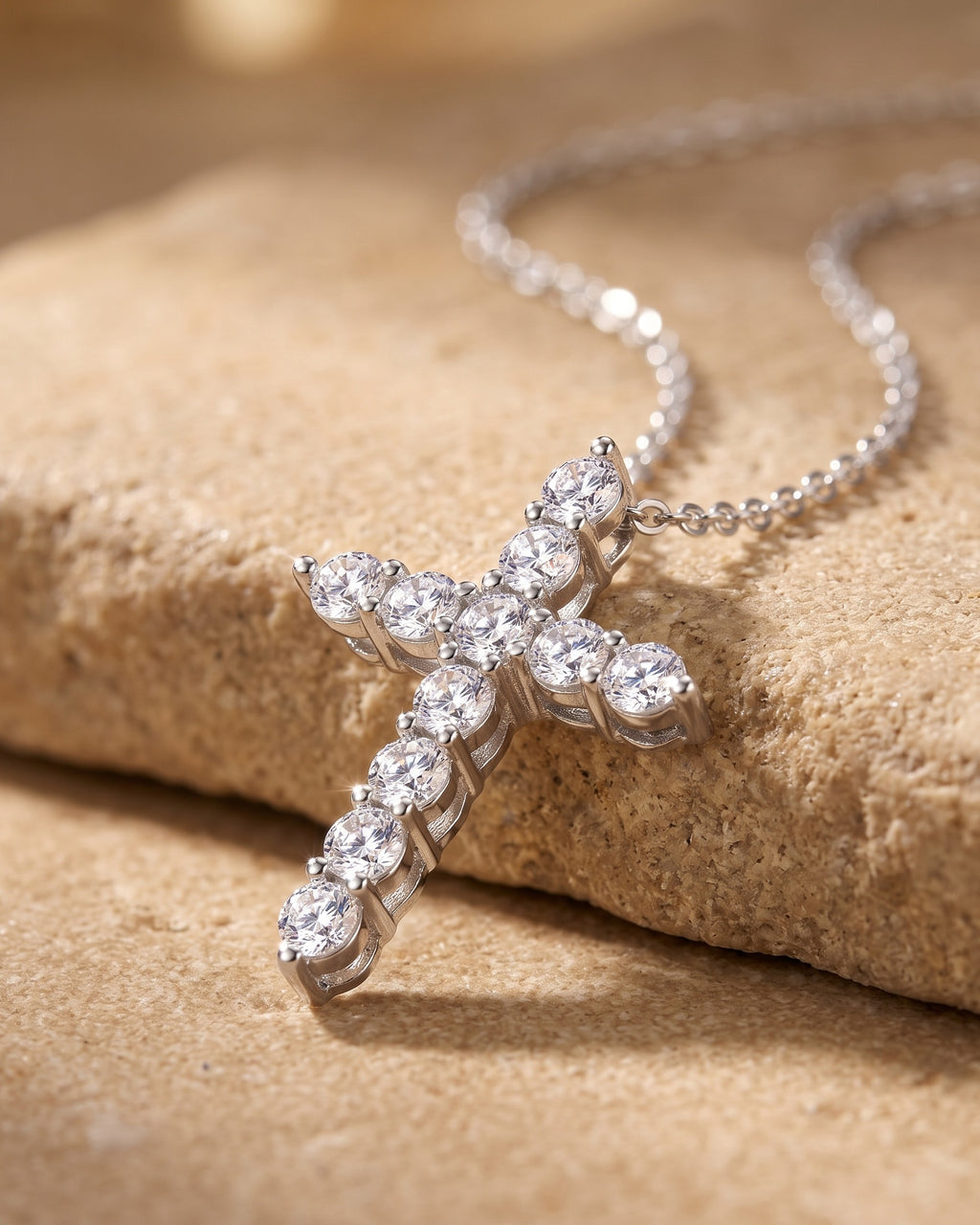 Close-up of the silver Atlas CZ cross pendant on warm stone, prong-set stones