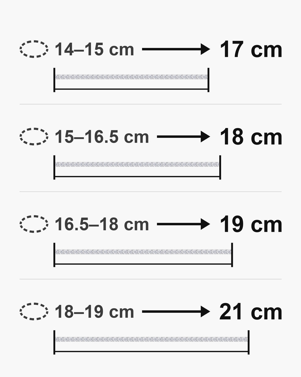 Tennis bracelet length guide: wrist size 14-15, 15-16.5, 16.5-18 and 18-19 cm fits a 17, 18, 19 and 21 cm bracelet [u:mm]