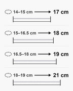 Tennis bracelet length guide: wrist size 14-15, 15-16.5, 16.5-18 and 18-19 cm fits a 17, 18, 19 and 21 cm bracelet [u:mm]