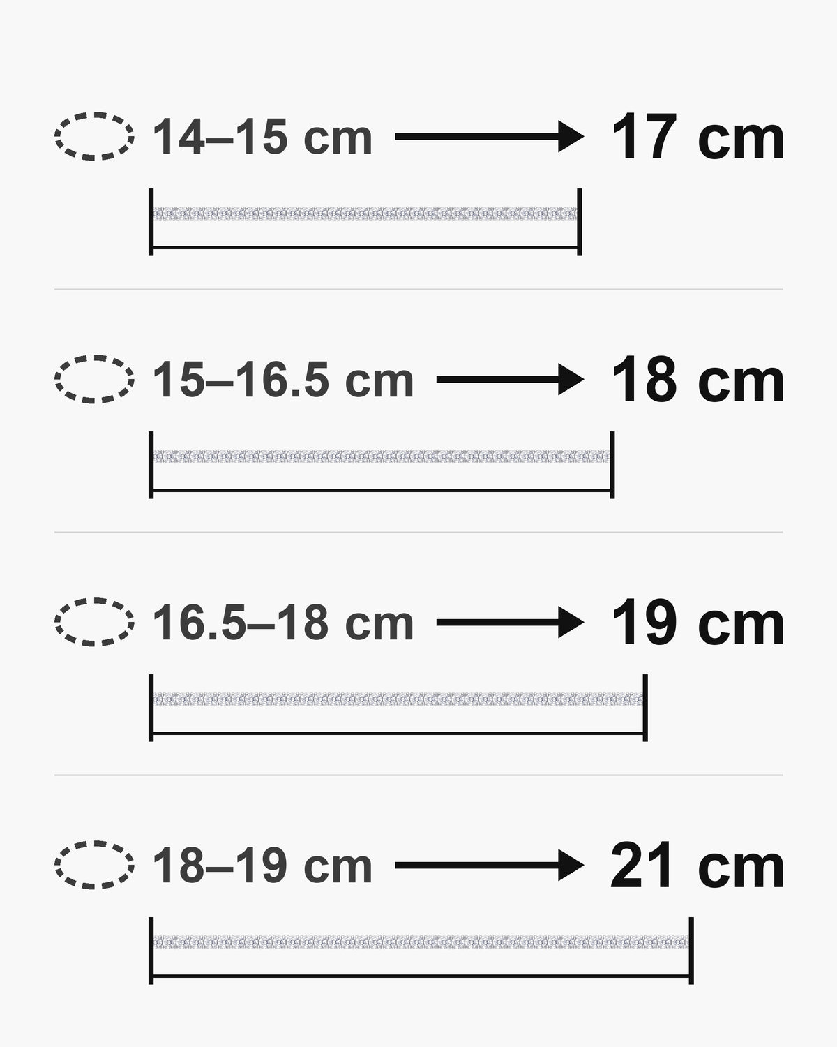 Tennis bracelet length guide: wrist size 14-15, 15-16.5, 16.5-18 and 18-19 cm fits a 17, 18, 19 and 21 cm bracelet [u:mm]
