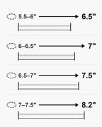 Tennis bracelet length guide: wrist size 5.5-6, 6-6.5, 6.5-7 and 7-7.5 inches fits a 6.5, 7, 7.5 and 8.2 inch bracelet [u:in]
