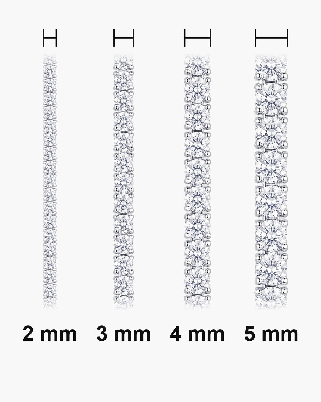 Atlas CZ tennis bracelet widths side by side at true scale: 2, 3, 4 and 5 mm [u:mm]