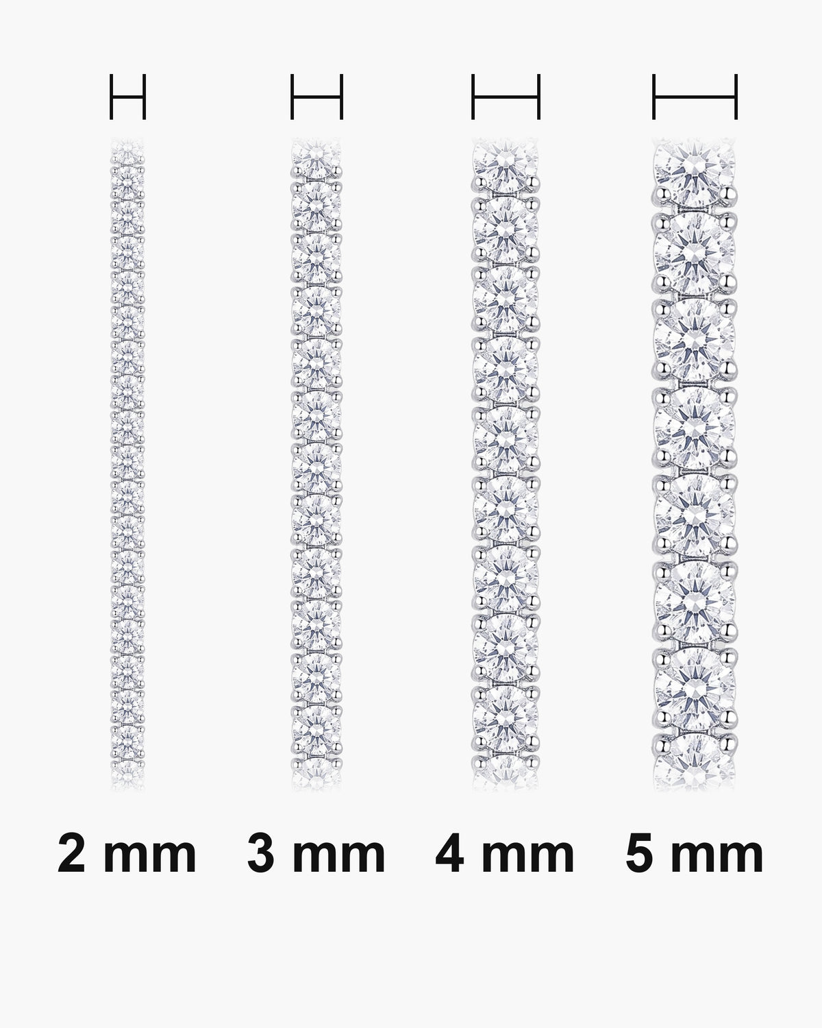 Atlas CZ tennis bracelet widths side by side at true scale: 2, 3, 4 and 5 mm [u:mm]