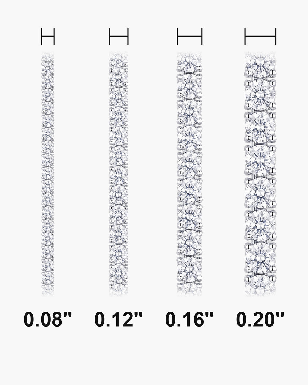 Atlas CZ tennis bracelet widths side by side at true scale, in inches: 0.08 to 0.20 inch [u:in]