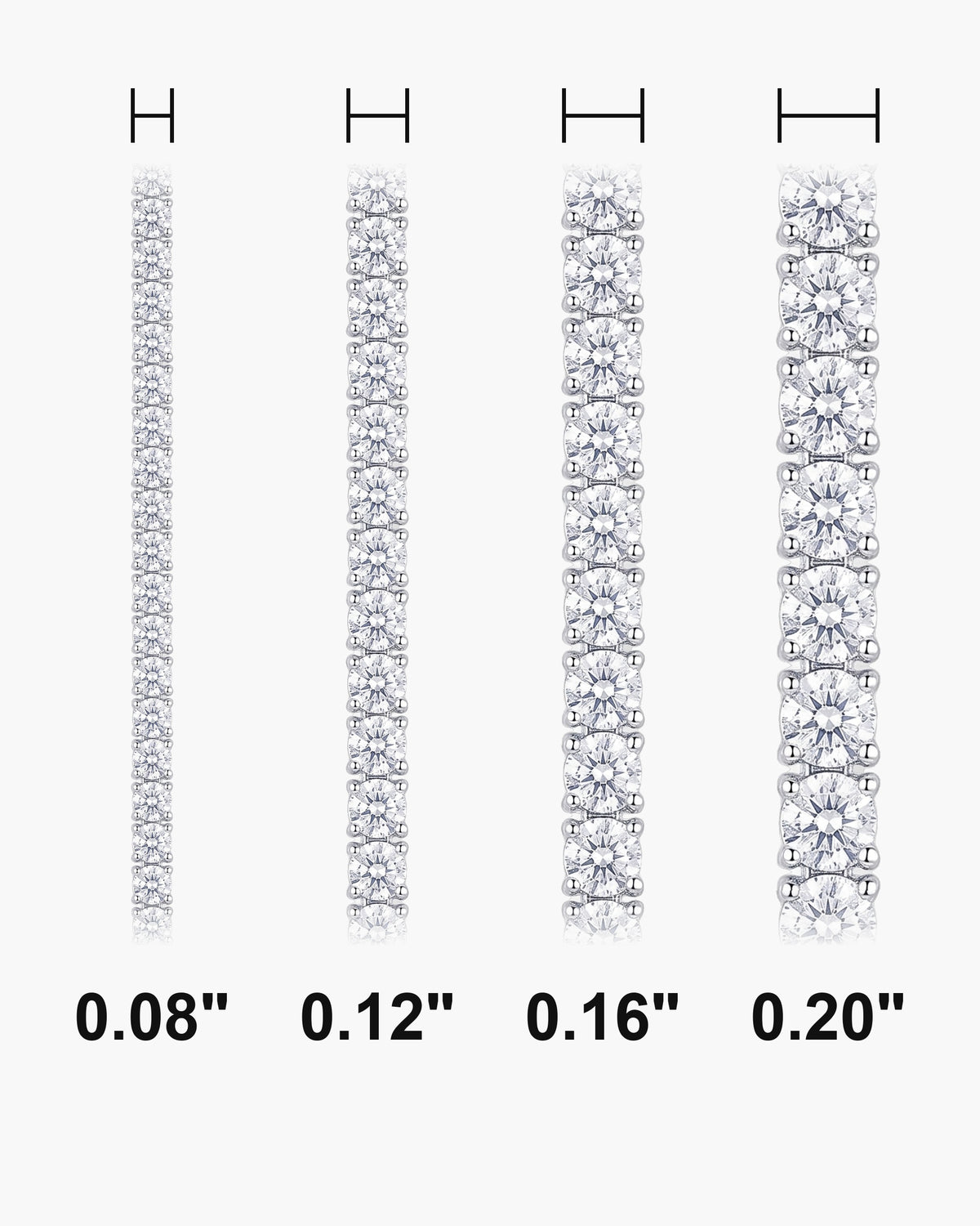 Atlas CZ tennis bracelet widths side by side at true scale, in inches: 0.08 to 0.20 inch [u:in]
