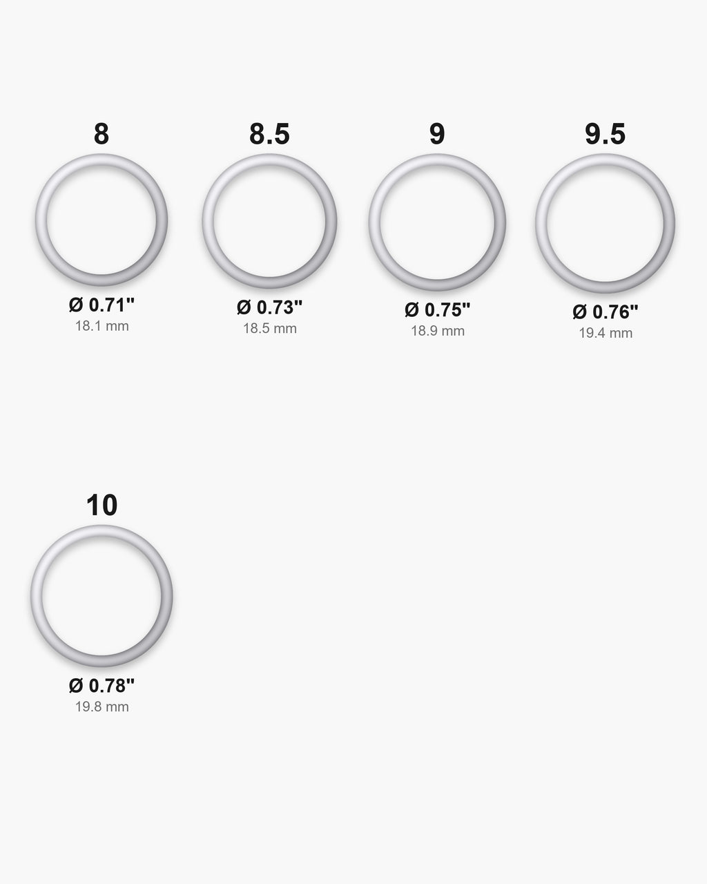Atlas ring sizes 8 to 10 with inner diameters 0.71 to 0.78 inch [u:in]