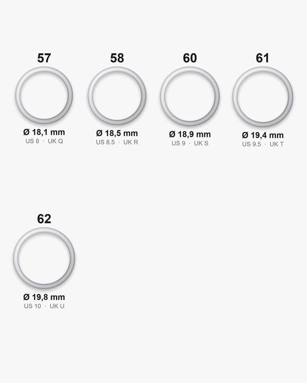 Atlas ring sizes 57 to 62 with inner diameters 18.1 to 19.8 mm [u:mm]