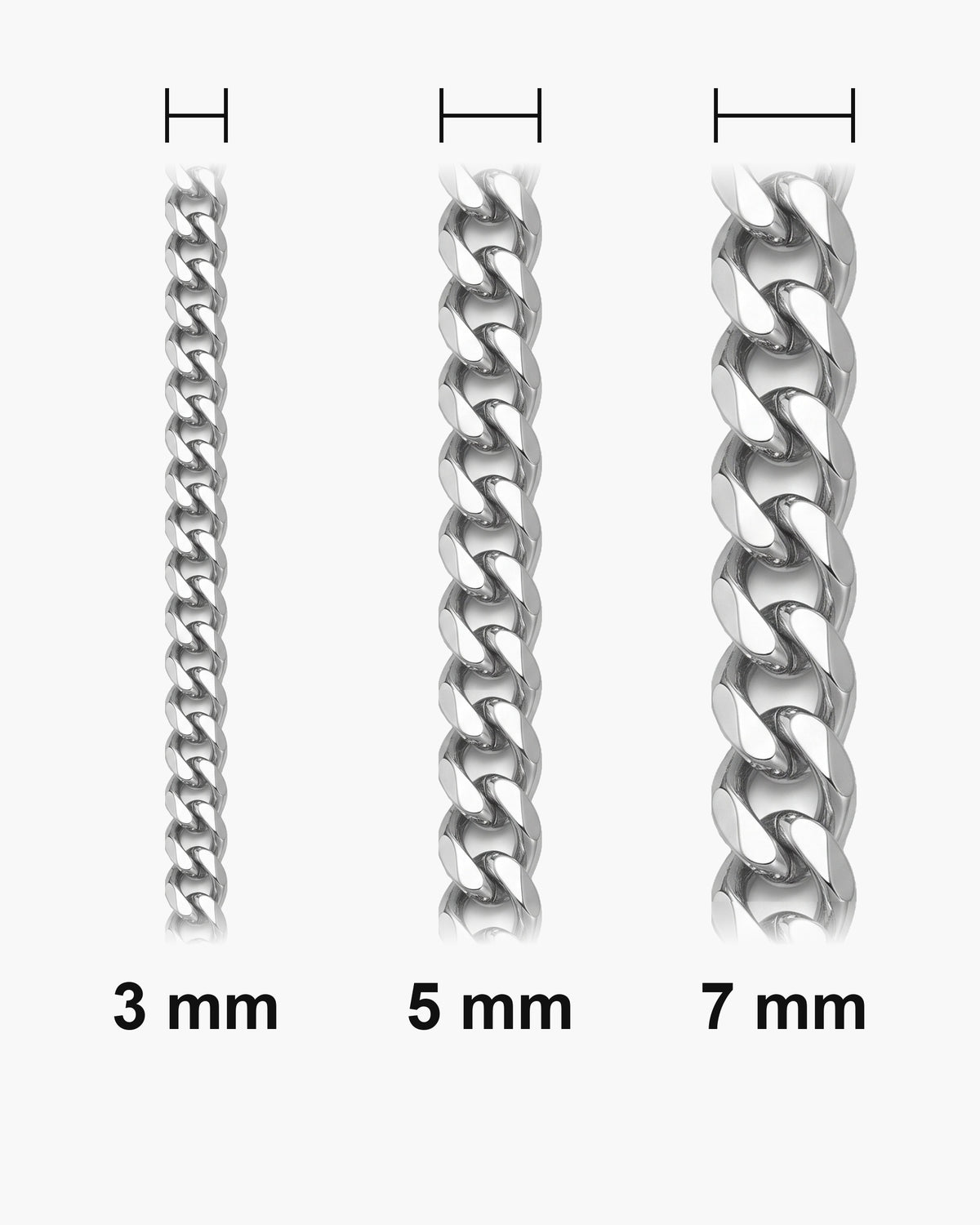 Atlas Diamond-Cut Cuban Bracelet widths 3 to 7 mm shown at true scale [u:mm]