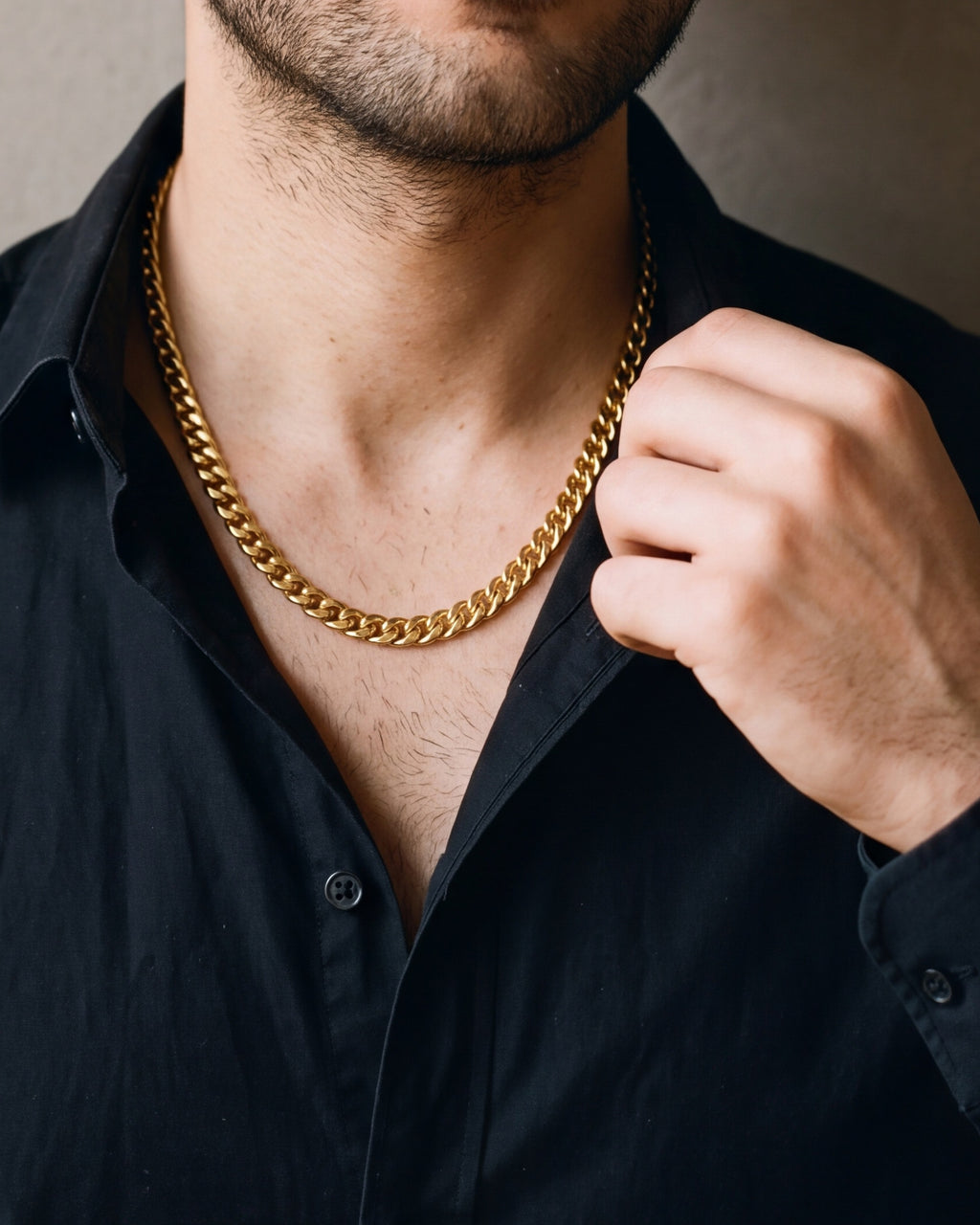 Close-up of the gold-tone Atlas Diamond-Cut Cuban Chain worn at true size