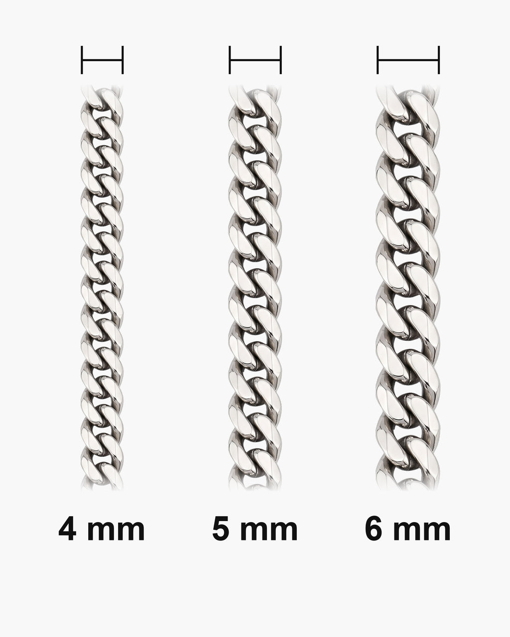 Atlas Diamond-Cut Cuban Chain widths 4 to 6 mm shown at true scale [u:mm]