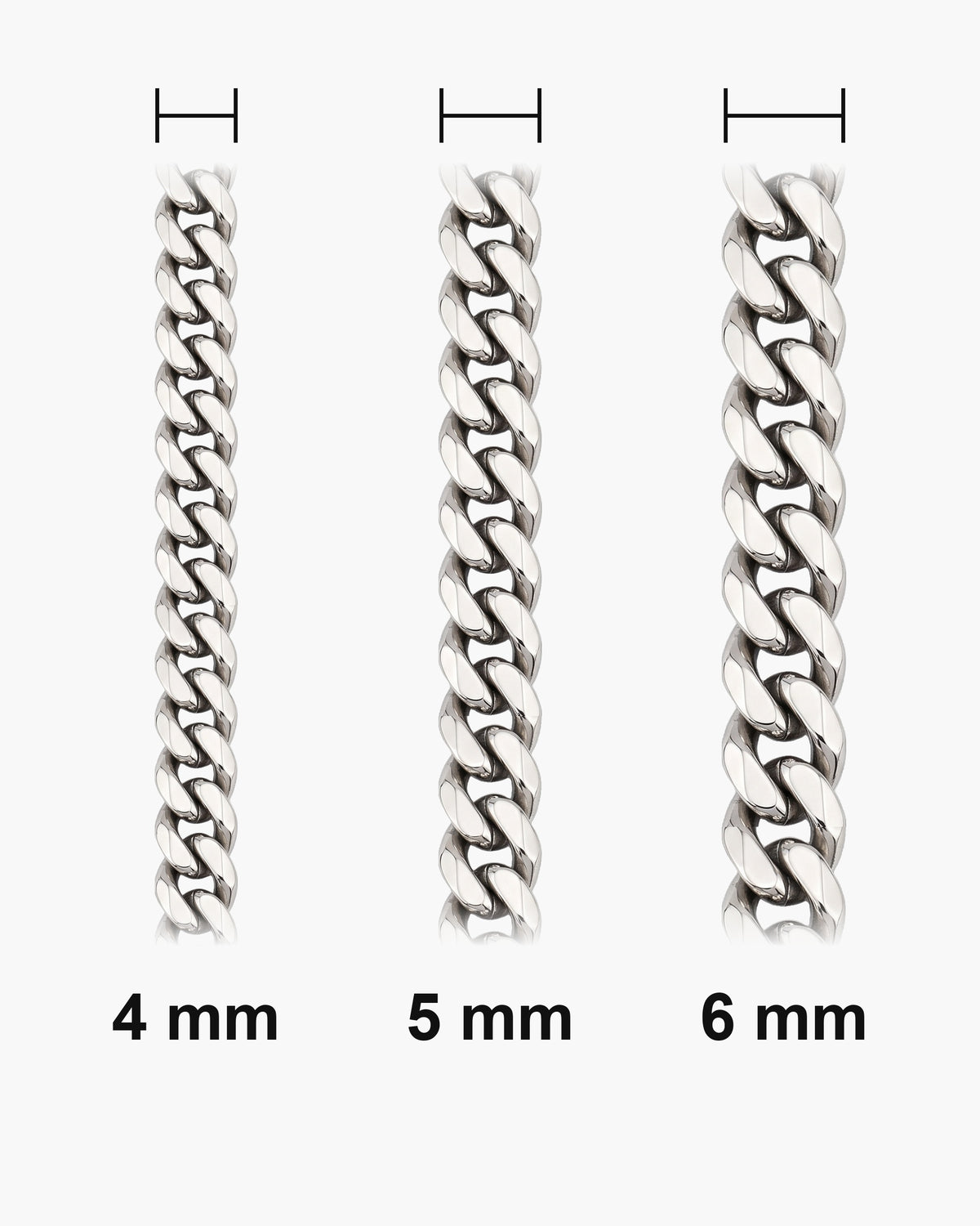Atlas Diamond-Cut Cuban Chain widths 4 to 6 mm shown at true scale [u:mm]