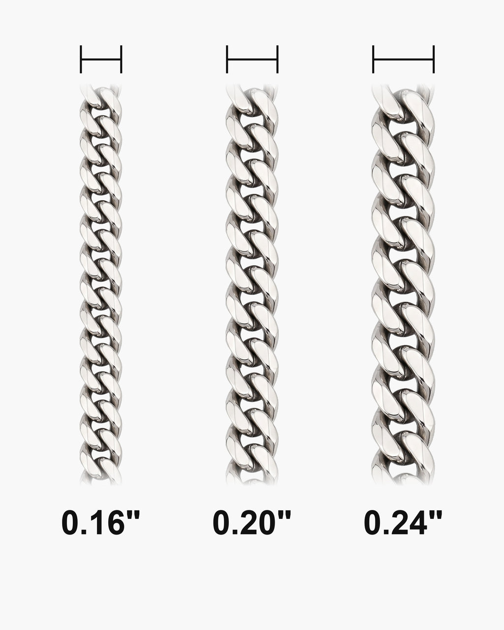Atlas Diamond-Cut Cuban Chain widths 0.16 to 0.24 inch shown at true scale [u:in]