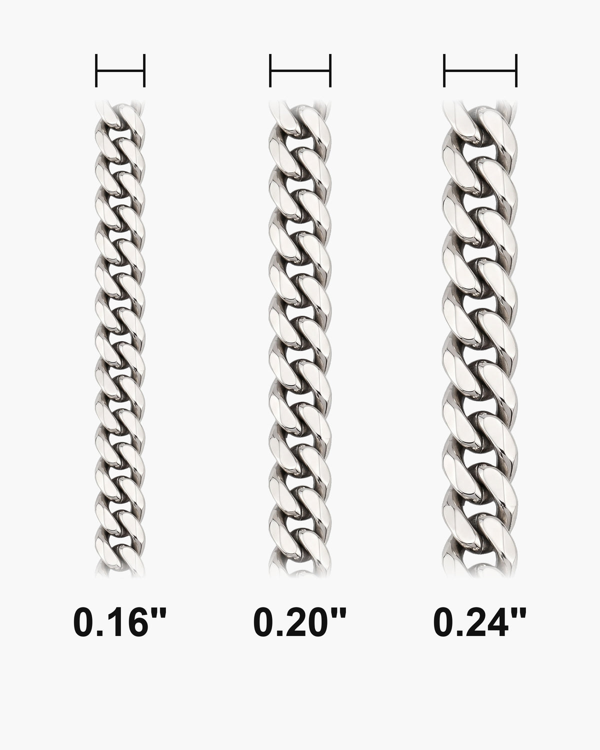 Atlas Diamond-Cut Cuban Chain widths 0.16 to 0.24 inch shown at true scale [u:in]