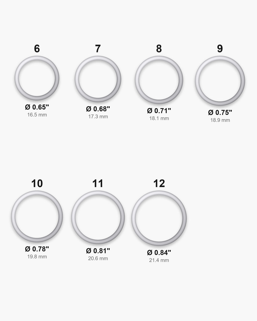 Atlas ring sizes 6 to 12 with inner diameters 0.65 to 0.84 inch [u:in]