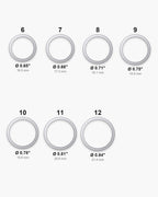 Atlas ring sizes 6 to 12 with inner diameters 0.65 to 0.84 inch [u:in]