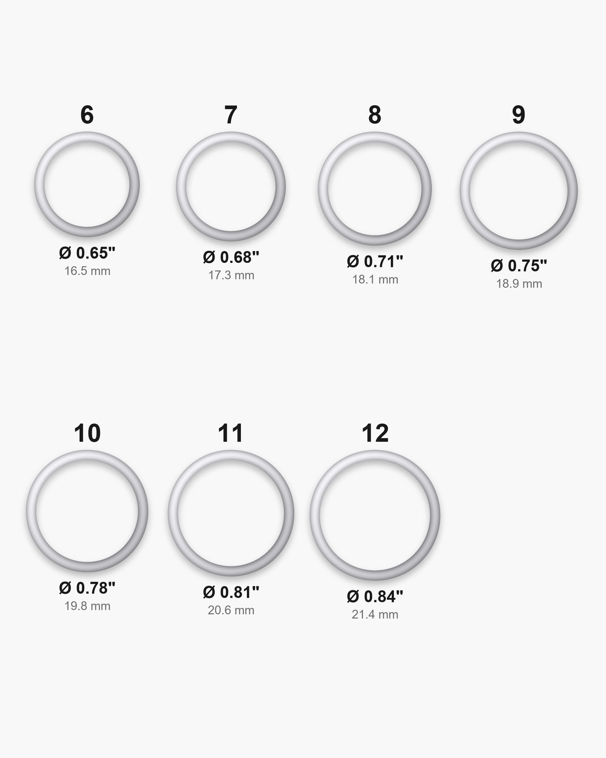 Atlas ring sizes 6 to 12 with inner diameters 0.65 to 0.84 inch [u:in]