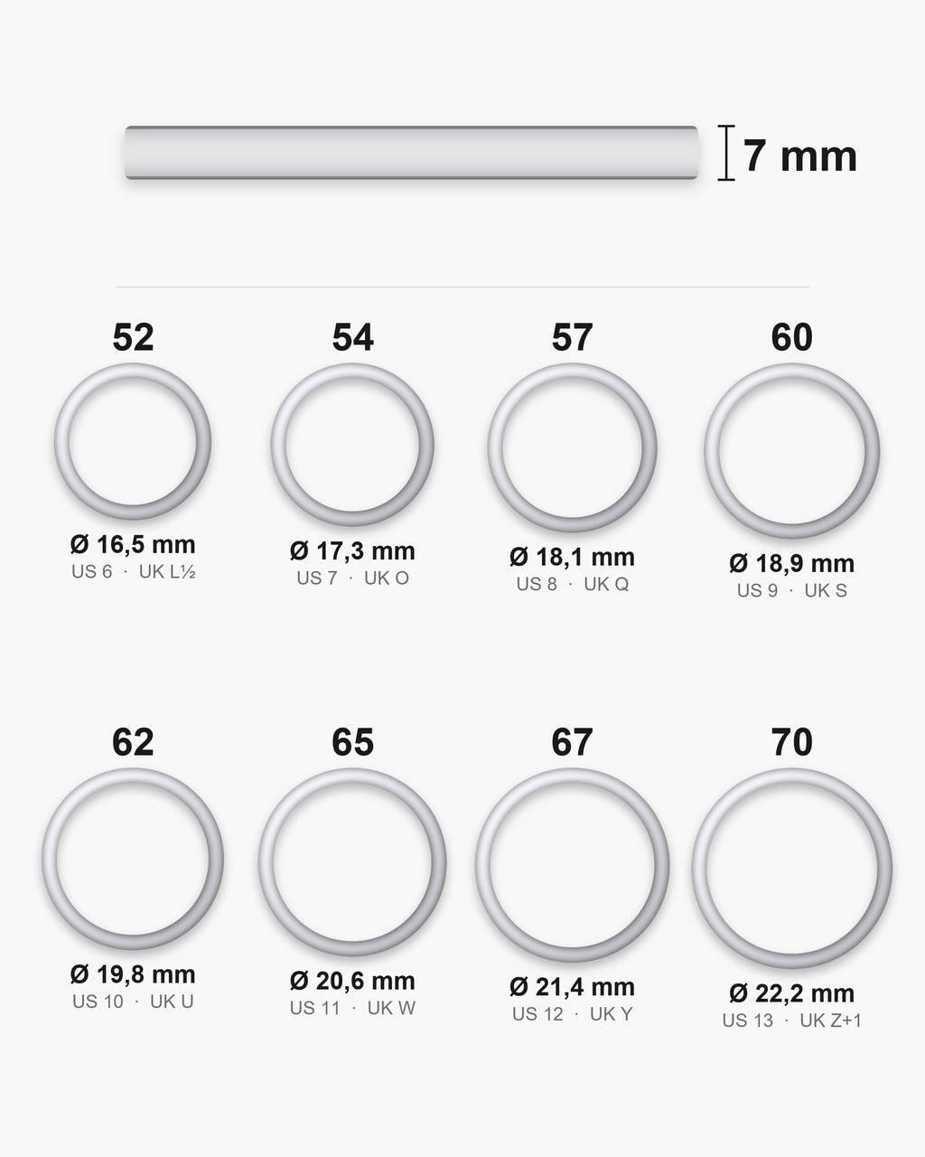 Atlas Dome Band ring sizes with inner diameters 16.5 to 22.2 mm and the 7 mm band [u:mm]