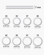 Atlas Dome Band ring sizes with inner diameters 16.5 to 22.2 mm and the 7 mm band [u:mm]
