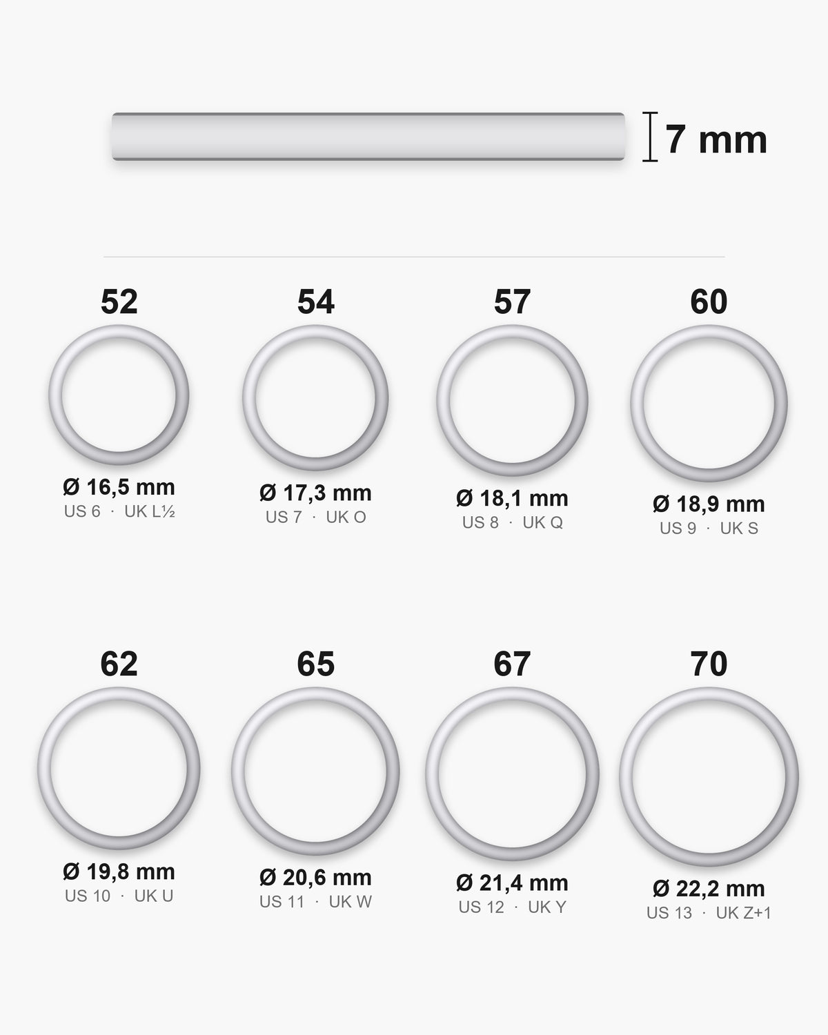 Atlas Dome Band ring sizes with inner diameters 16.5 to 22.2 mm and the 7 mm band [u:mm]