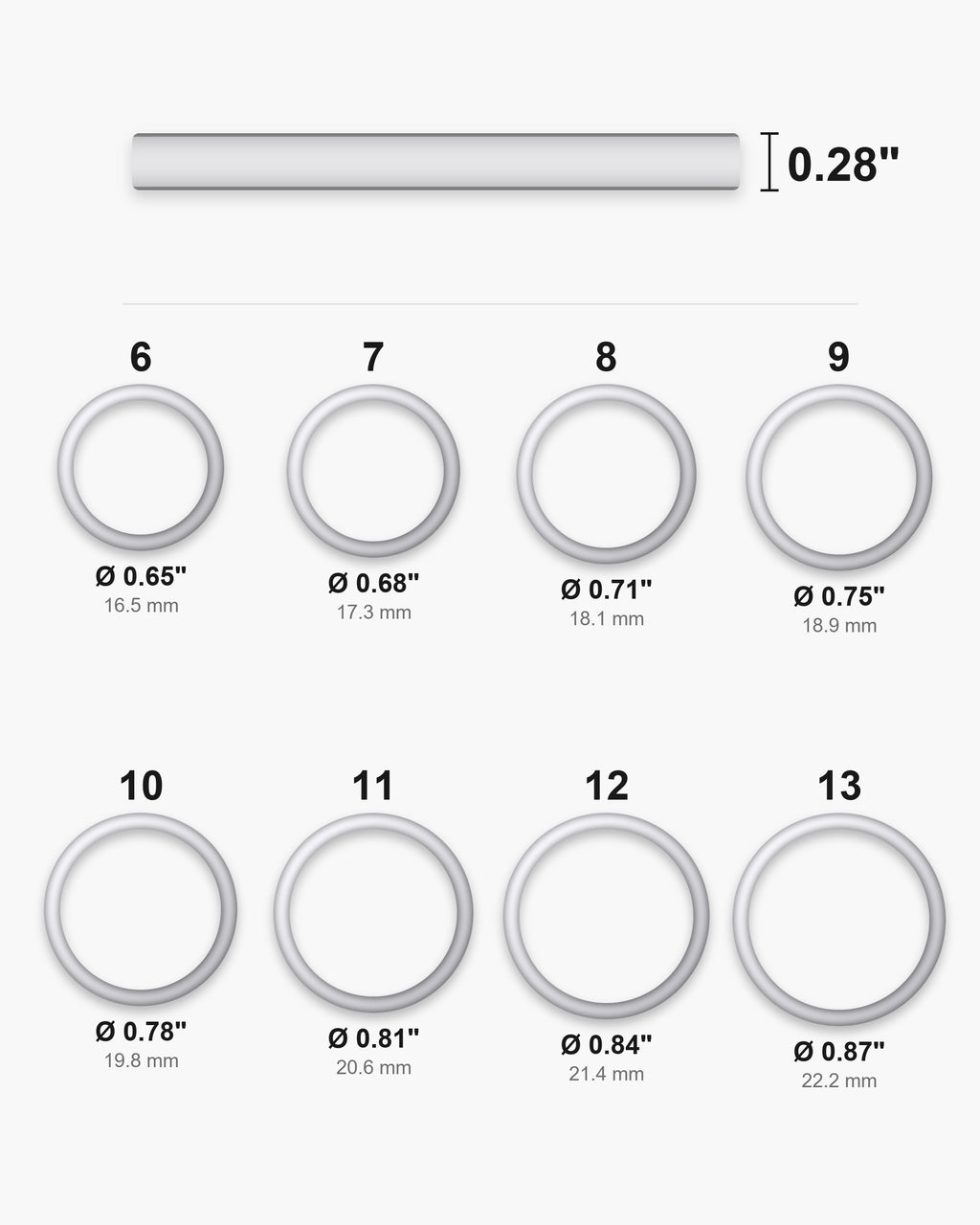 Atlas Dome Band ring sizes 6 to 13 with inner diameters 0.65 to 0.87 inch [u:in]