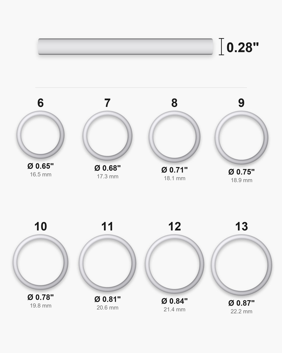 Atlas Dome Band ring sizes 6 to 13 with inner diameters 0.65 to 0.87 inch [u:in]