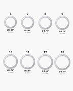 Atlas ring sizes 6 to 13 with inner diameters 0.65 to 0.87 inch [u:in]