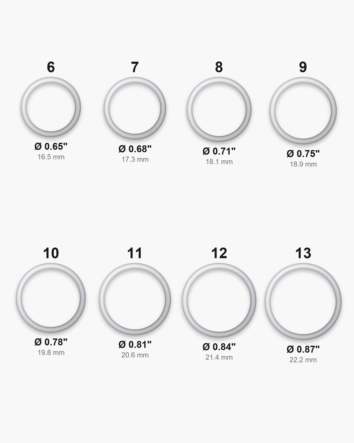 Atlas ring sizes 6 to 13 with inner diameters 0.65 to 0.87 inch [u:in]