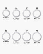 Atlas ring sizes 52 to 70 with inner diameters 16.5 to 22.2 mm [u:mm]