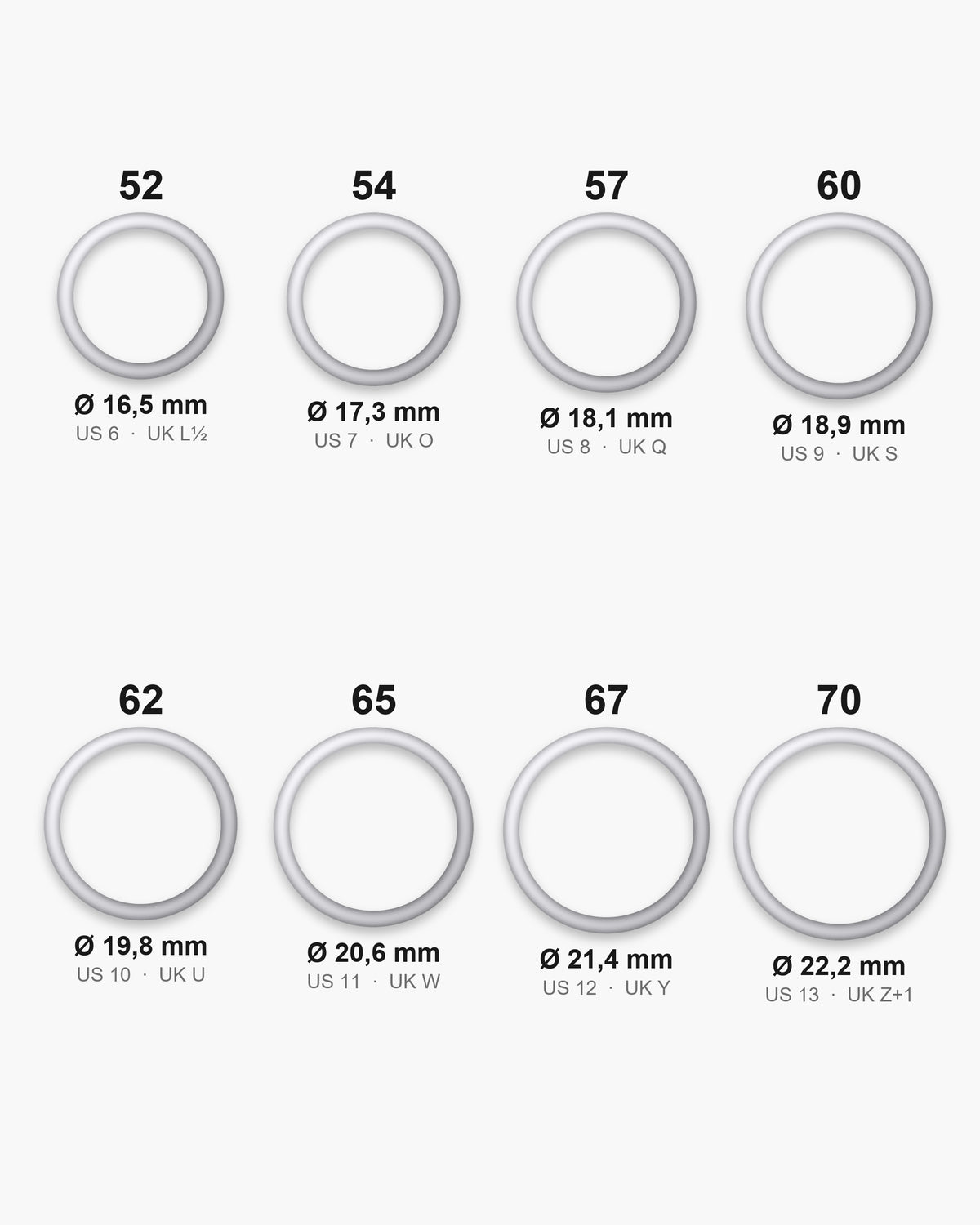 Atlas ring sizes 52 to 70 with inner diameters 16.5 to 22.2 mm [u:mm]
