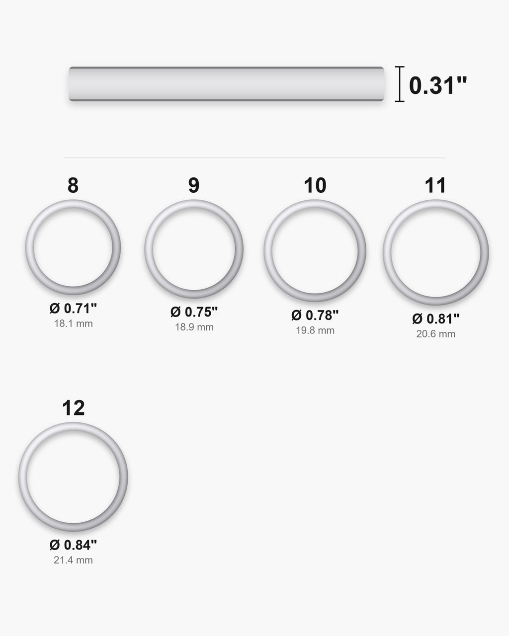 Atlas ring sizes 8 to 12 with inner diameters from 0.71 to 0.84 inch [u:in]