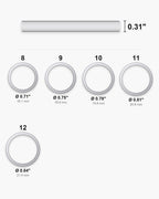 Atlas ring sizes 8 to 12 with inner diameters from 0.71 to 0.84 inch [u:in]