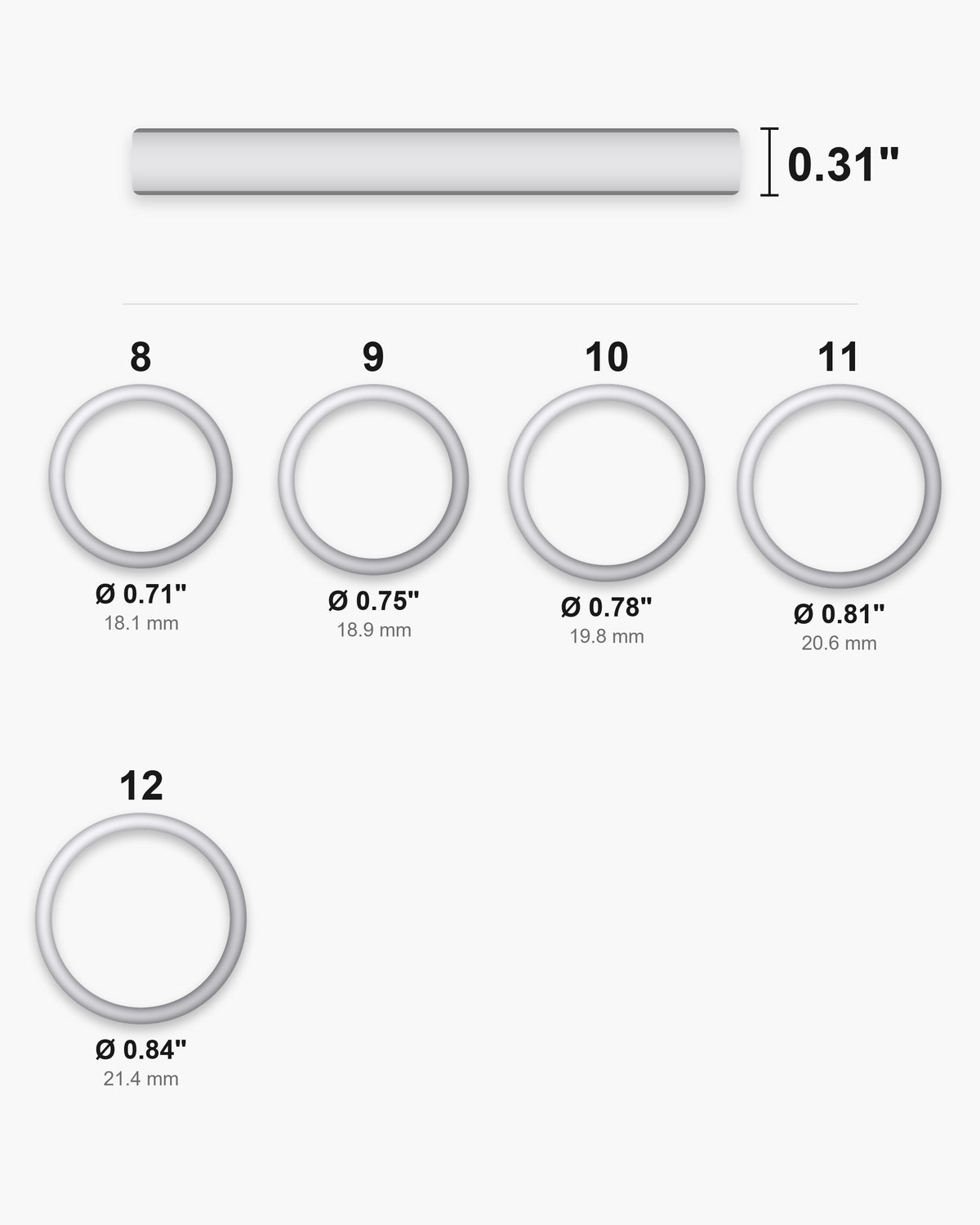 Atlas ring sizes 8 to 12 with inner diameters from 0.71 to 0.84 inch [u:in]