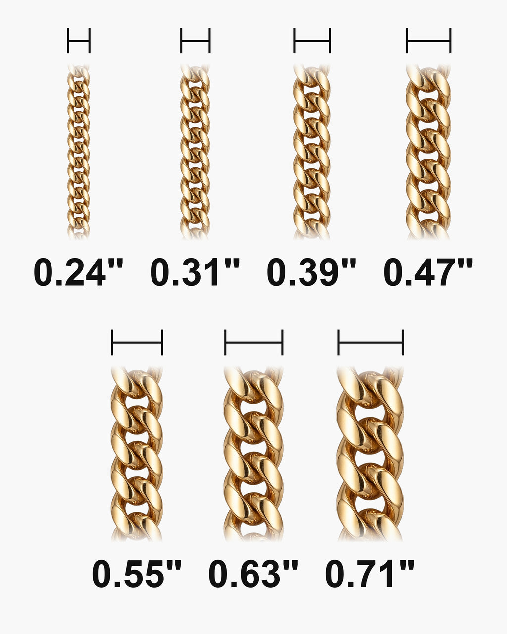 Atlas Cuban bracelet widths 0.24 to 0.71 inch at true scale [u:in]