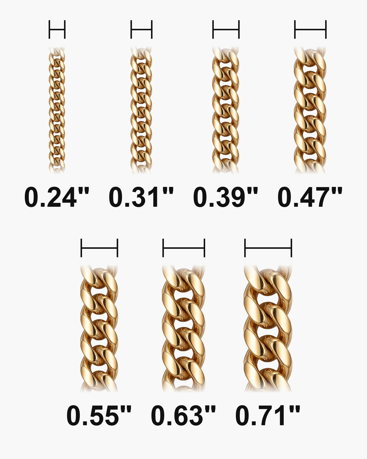 Atlas Cuban bracelet widths 0.24 to 0.71 inch at true scale [u:in]