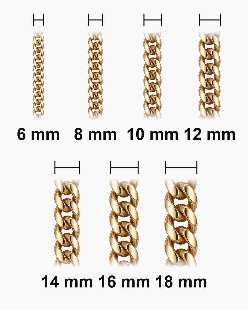 Atlas Cuban bracelet widths 6 to 18 mm at true scale [u:mm]