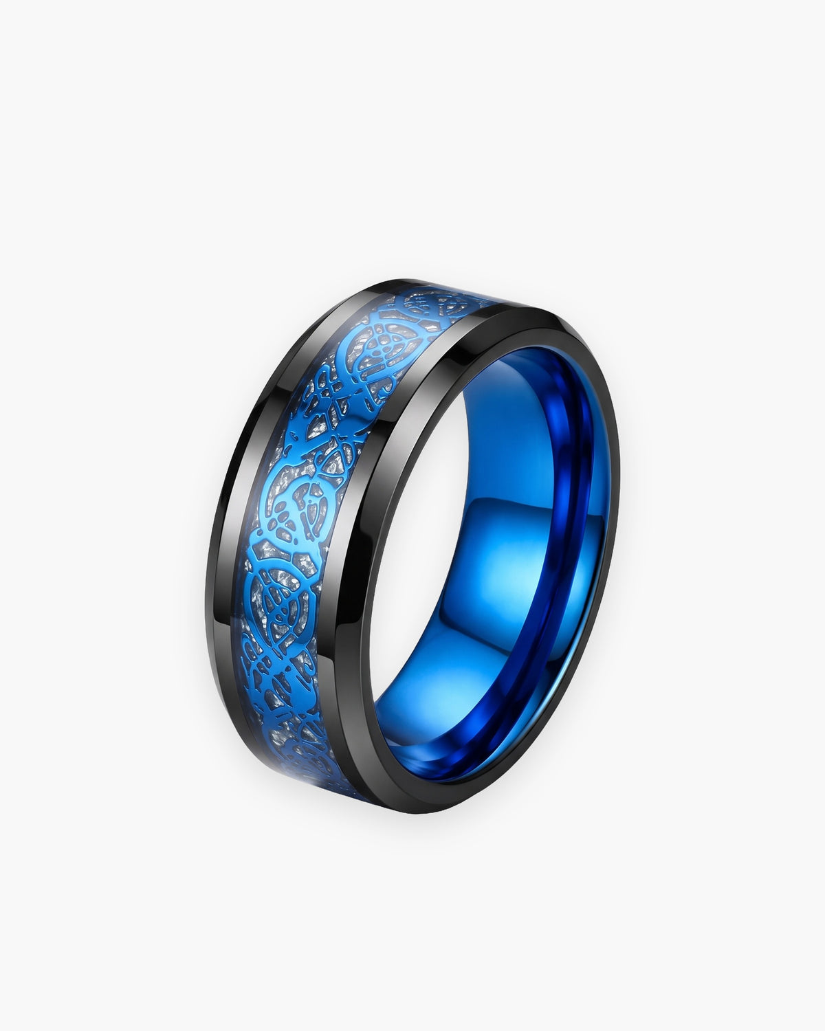 Atlas dragon knotwork ring in black tungsten carbide in black and blue tungsten carbide [c:black]