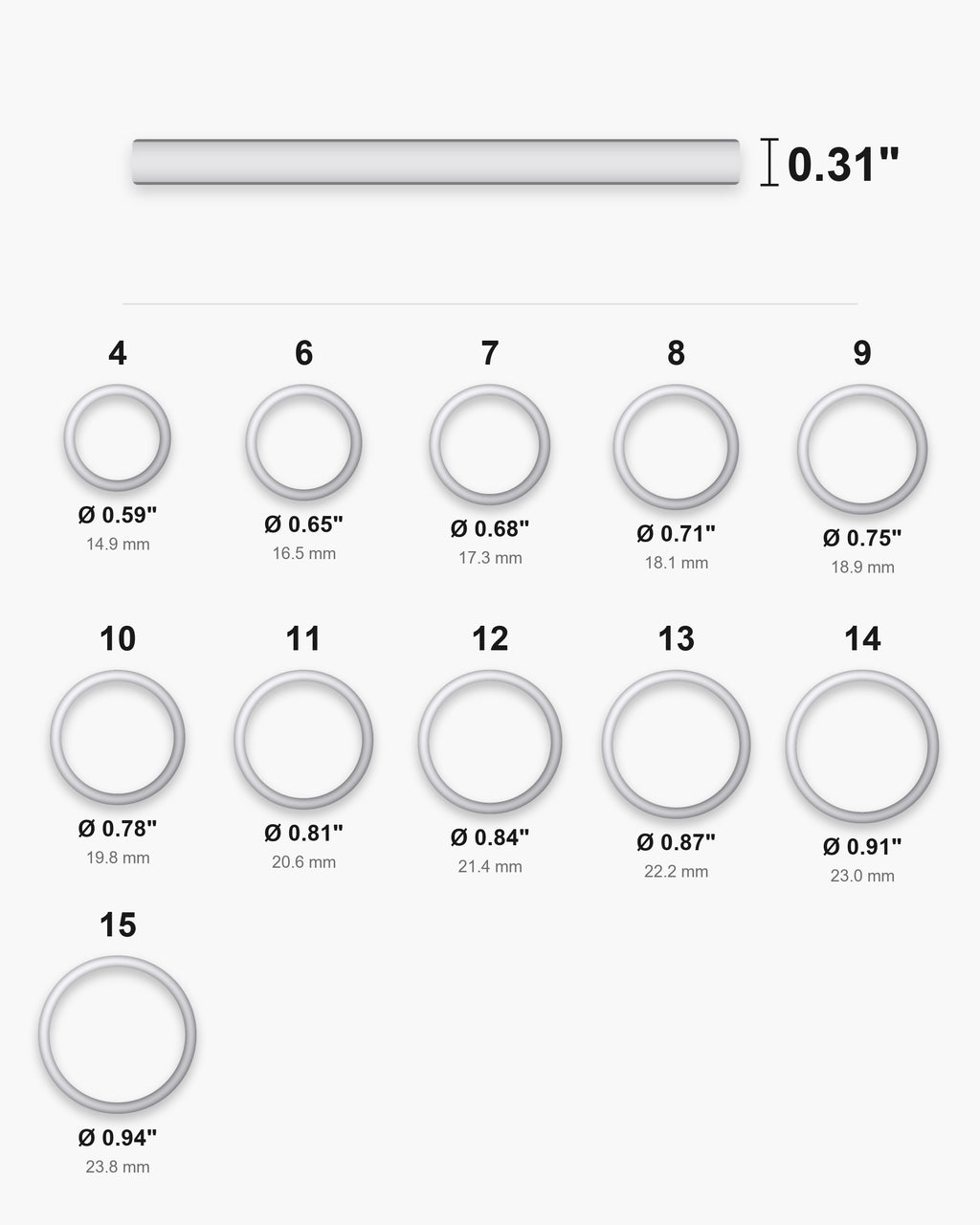 Atlas ring sizes 4 to 15 with inner diameters and the 0.31 inch band width [u:in]