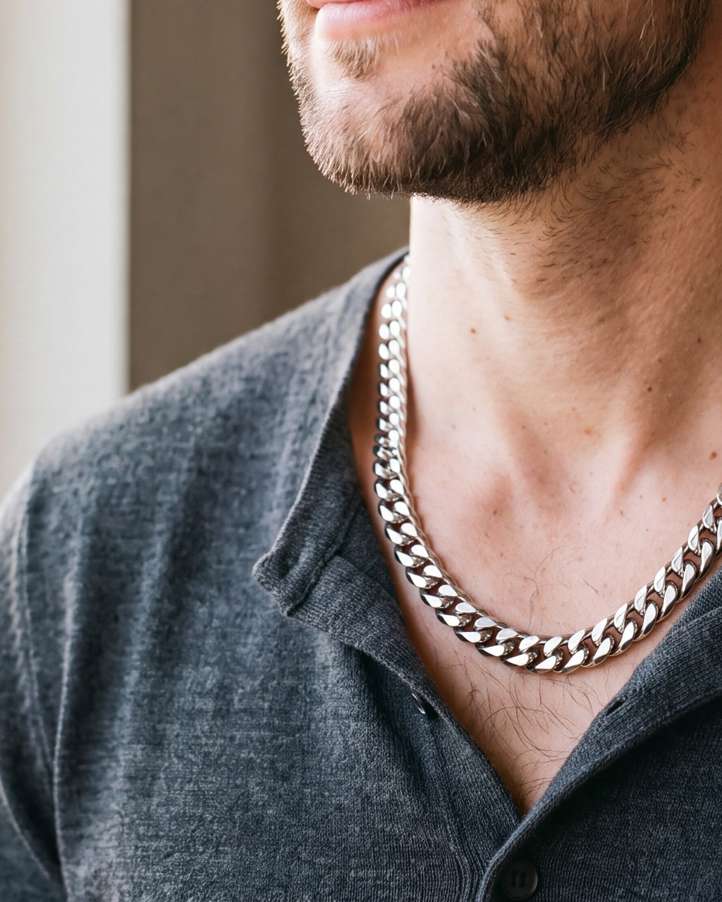 Close-up of the silver Atlas faceted double-link cuban chain worn at true size