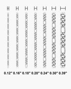 Atlas figaro chain actual widths 0.12 in, 0.16 in, 0.18 in, 0.20 in, 0.24 in, 0.30 in, 0.39 in [u:in]
