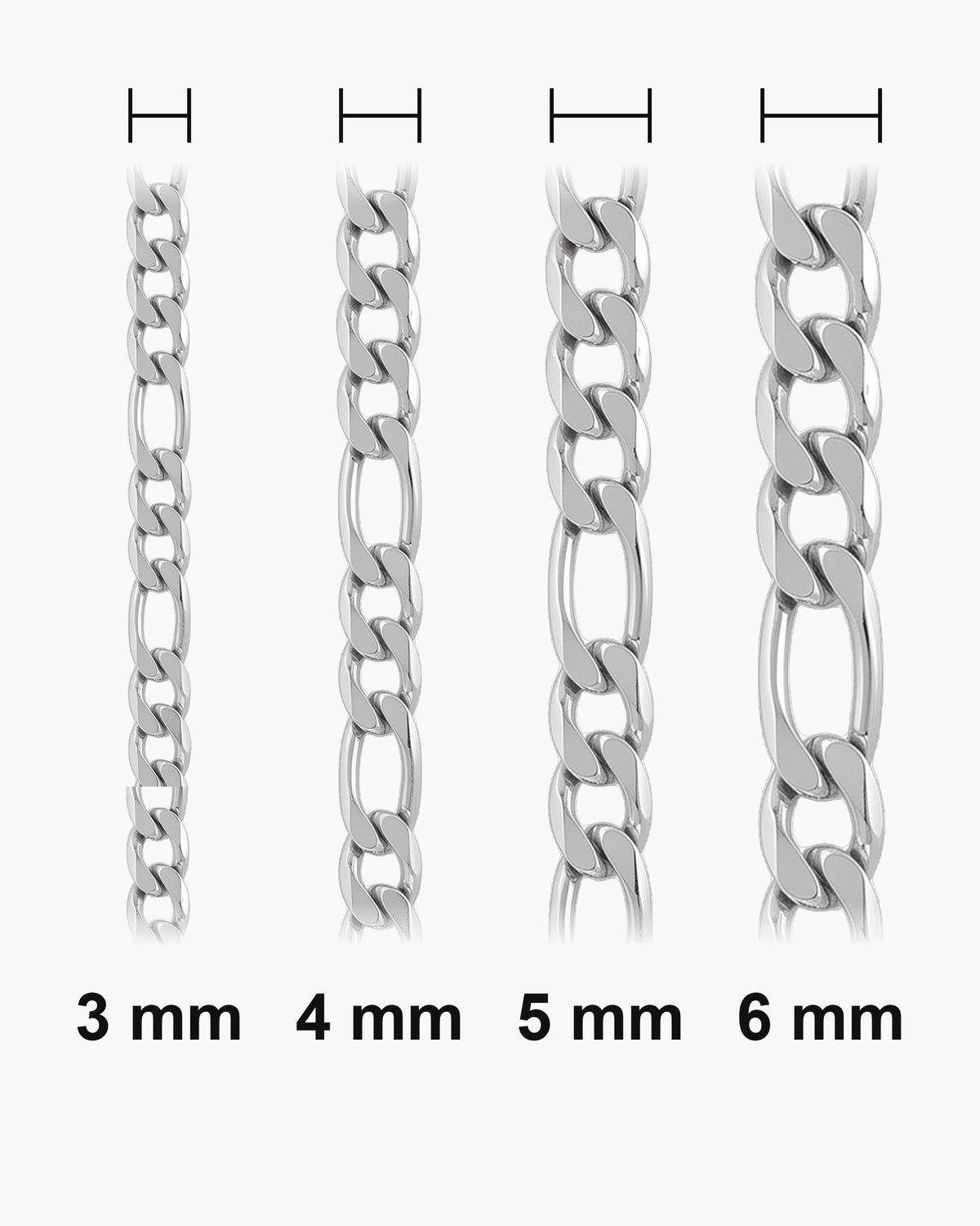 Atlas Figaro chain widths side by side at true scale: 3, 4, 5 and 6 mm [u:mm]