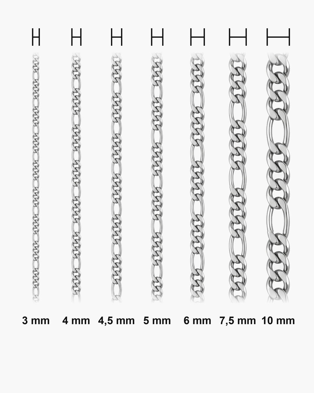 Atlas figaro chain actual widths 3 mm, 4 mm, 4.5 mm, 5 mm, 6 mm, 7.5 mm, 10 mm [u:mm]