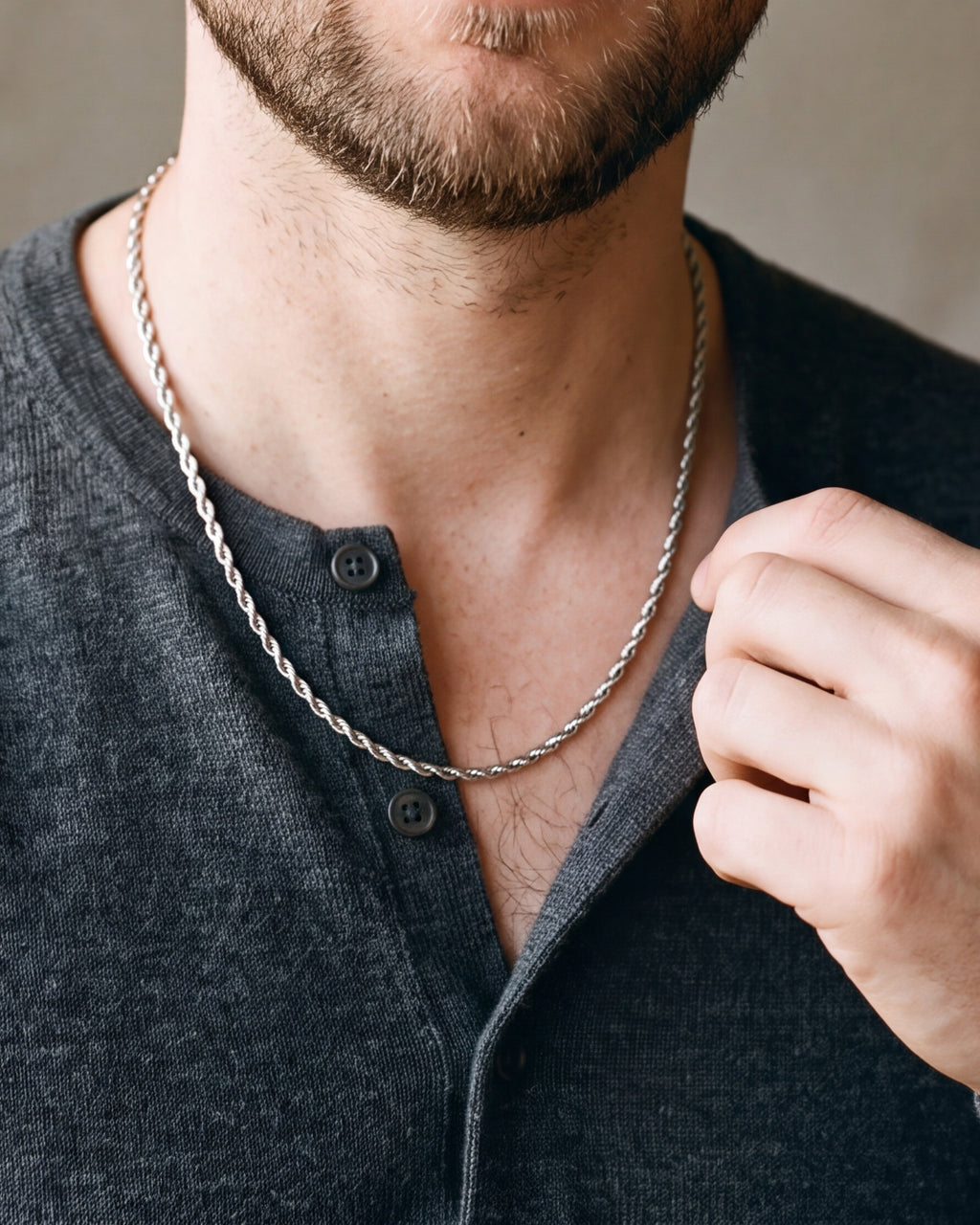 Close-up of the silver Atlas fine rope chain worn at true size