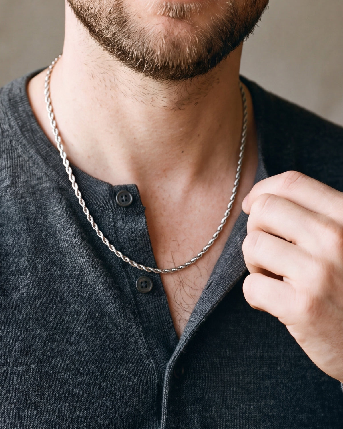 Close-up of the silver Atlas fine rope chain worn at true size