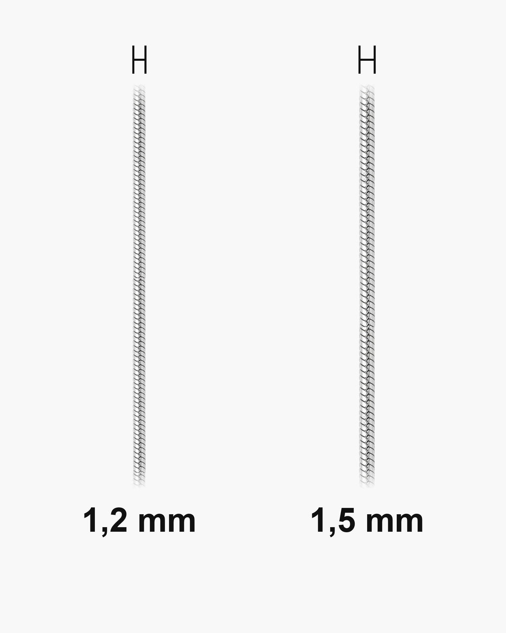 Atlas Fine Snake Chain widths 1.2 to 1.5 mm shown at true scale [u:mm]