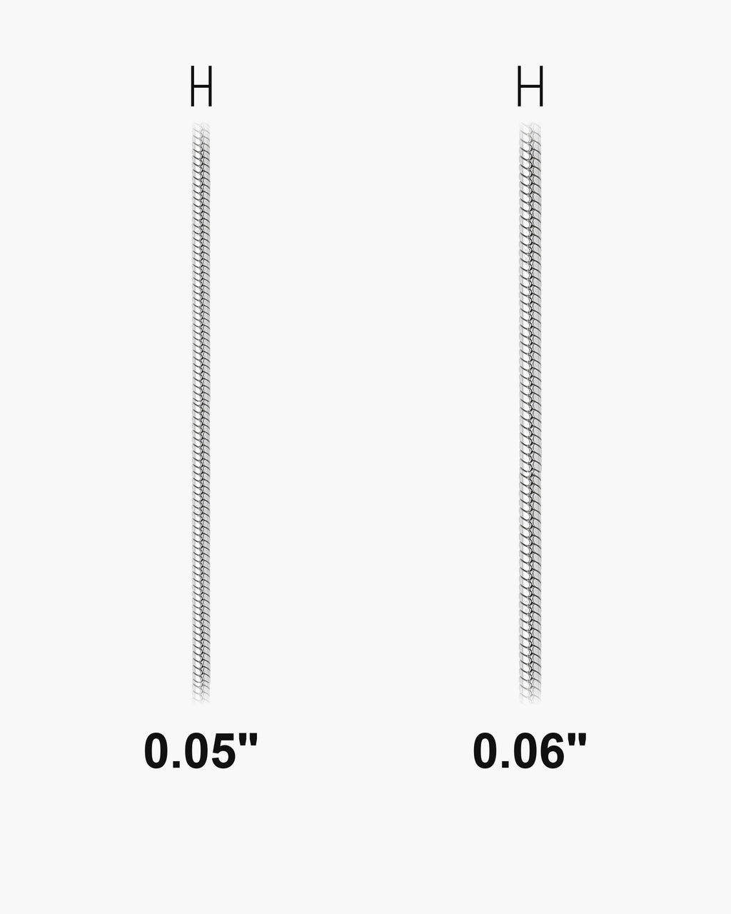 Atlas Fine Snake Chain widths 0.05 to 0.06 inch shown at true scale [u:in]