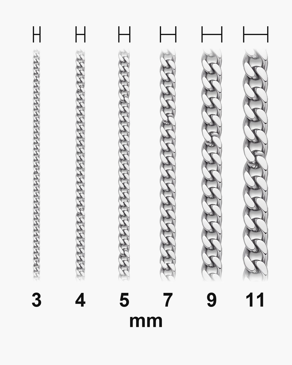Atlas Flat Curb Chain widths 3 to 11 mm shown at true scale [u:mm]