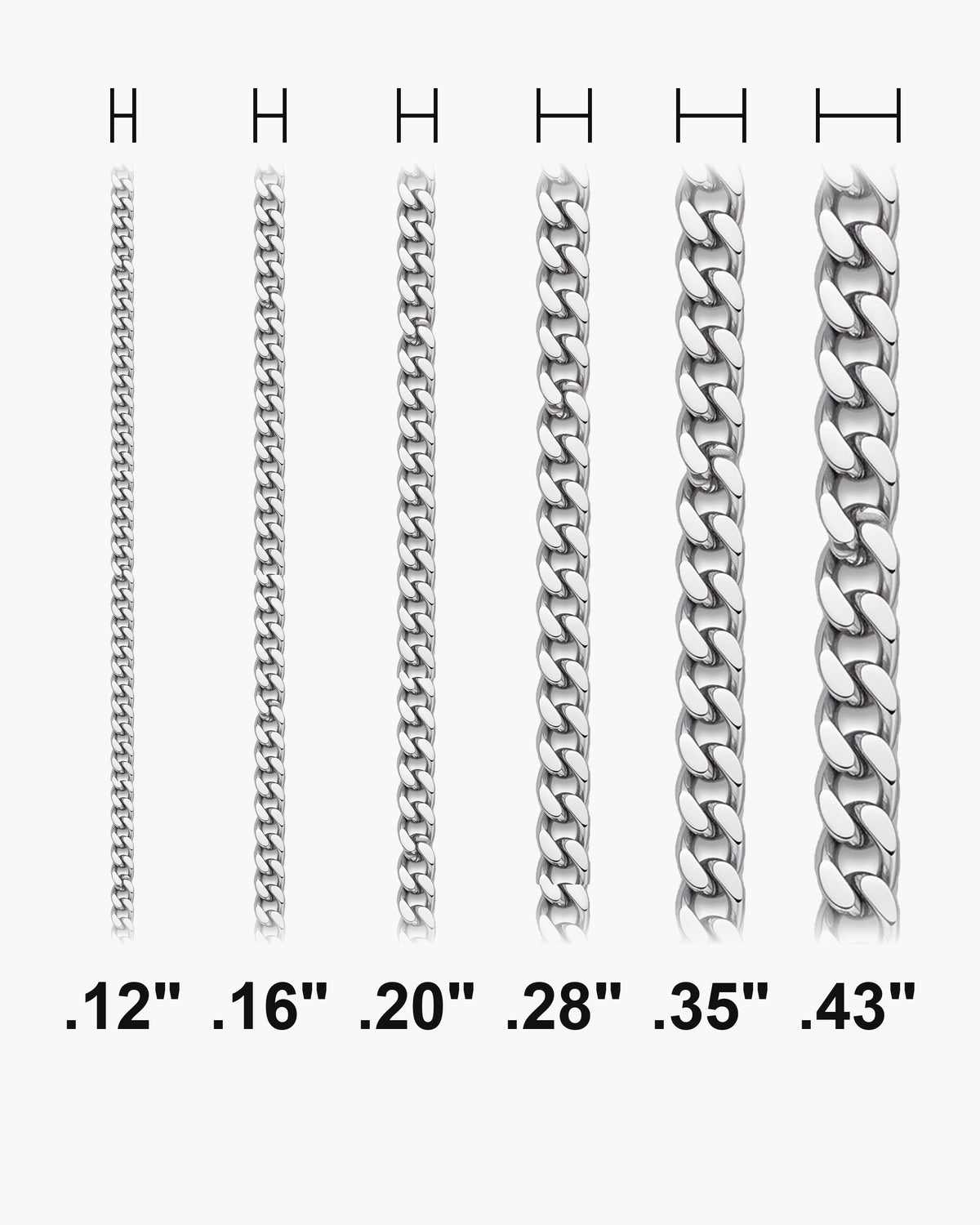 Atlas Flat Curb Chain widths 0.12 to 0.43 inch shown at true scale [u:in]